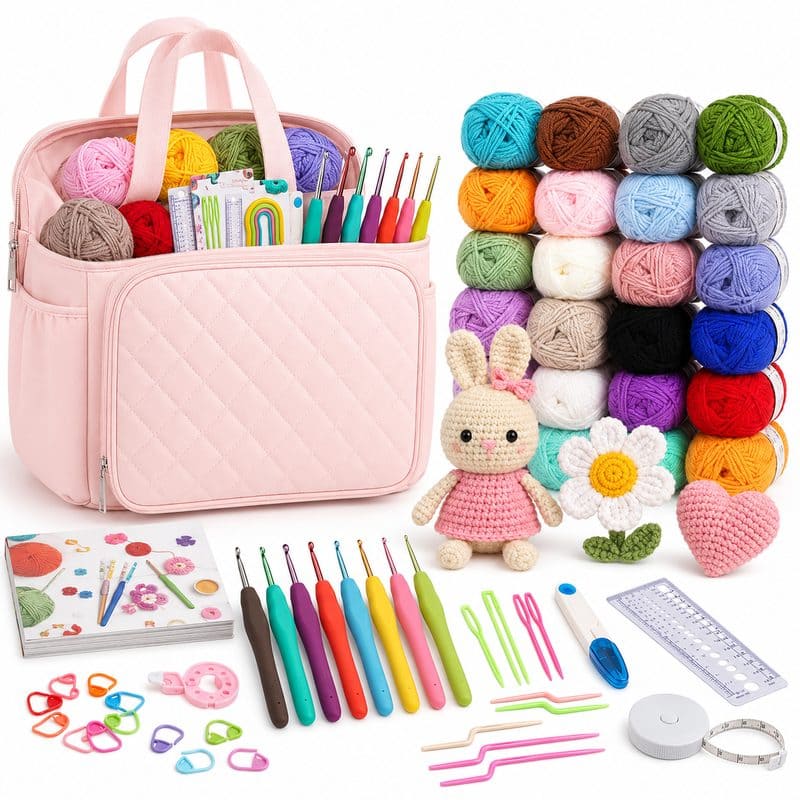 Large pink crochet kit with yarn storage bag front view