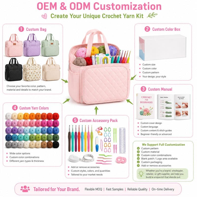 Large pink crochet kit with yarn storage bag embroidered detail