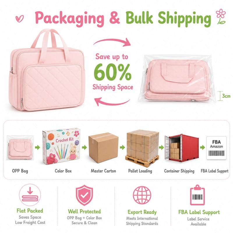 Large pink crochet kit with yarn storage bag design detail