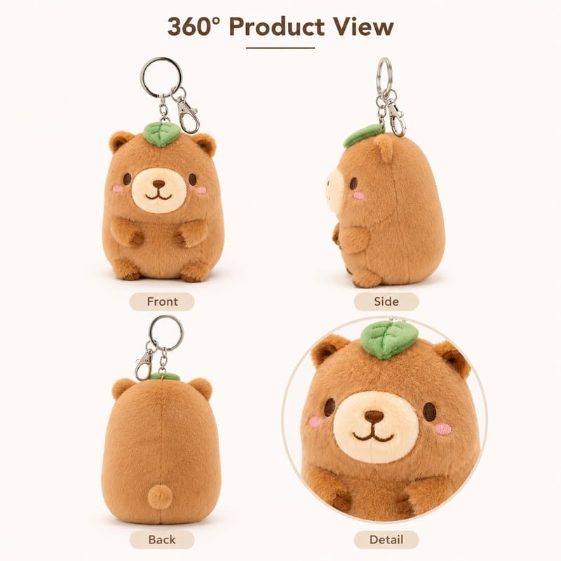 Capybara plush keychain front side back view