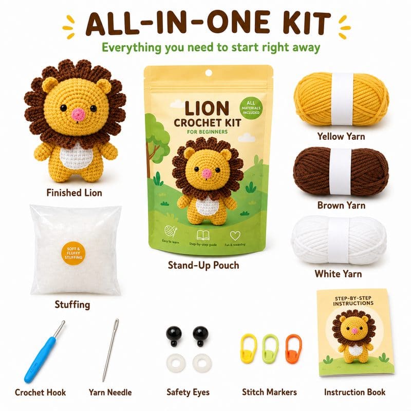 Lion amigurumi crochet kit for beginners front side back view