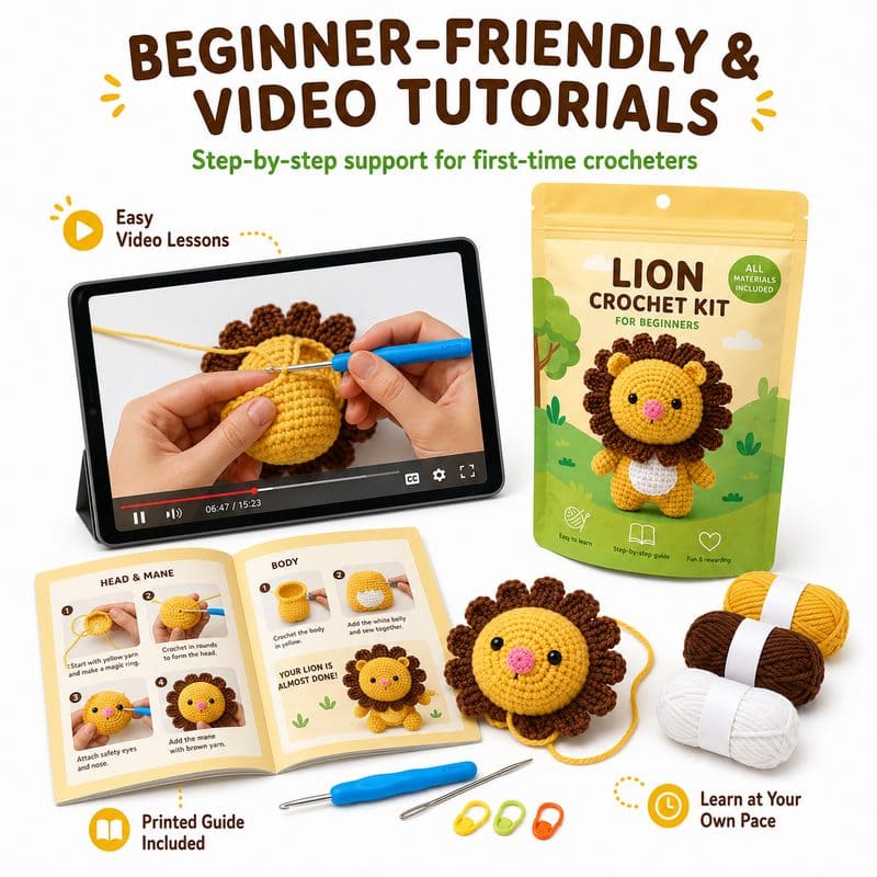 Lion amigurumi crochet kit for beginners size reference