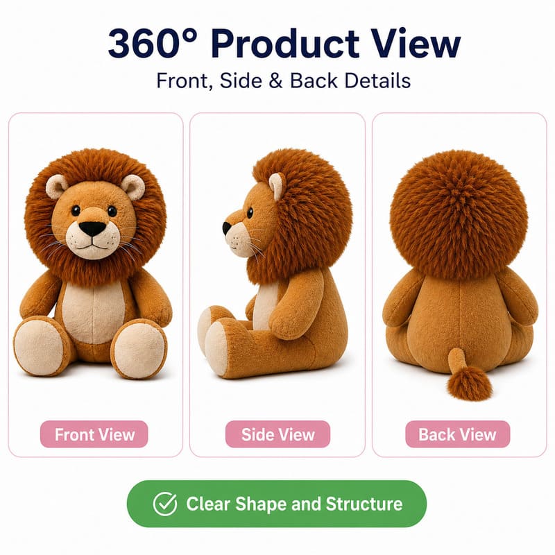 Lion plush toy front side back view