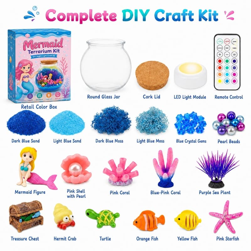 Mermaid light up terrarium kit for kids – wholesale oem/odm craft gift set size reference