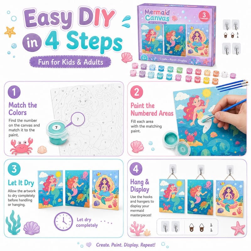 Mermaid paint by numbers kit for kids size reference