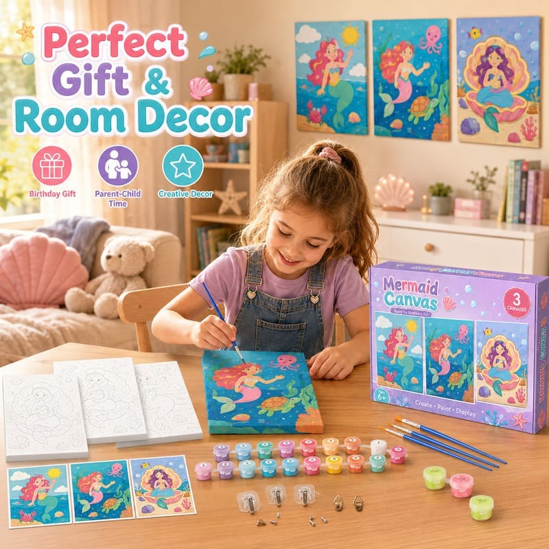Mermaid paint by numbers kit for kids stitching detail