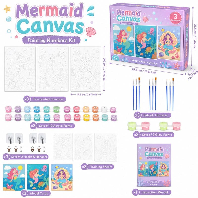 Mermaid paint by numbers kit for kids front side back view