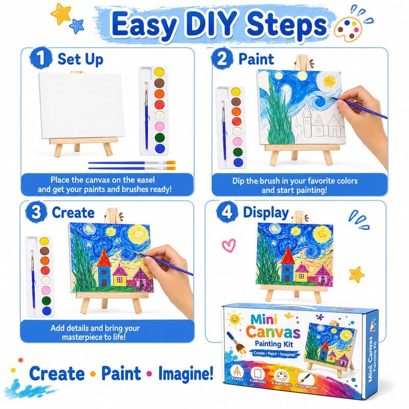 Mini canvas painting kit with easels size reference