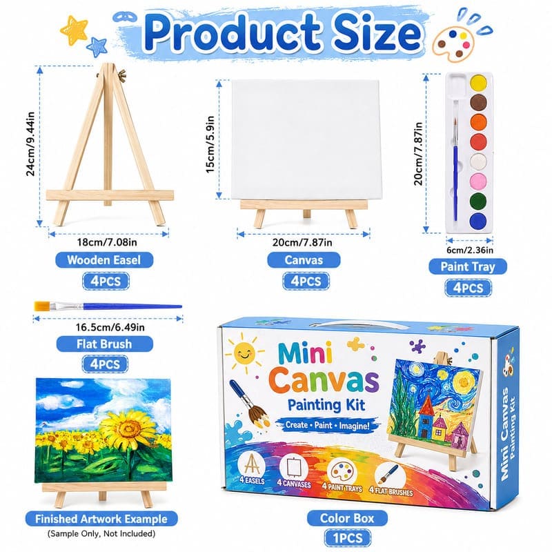 Mini canvas painting kit with easels front side back view