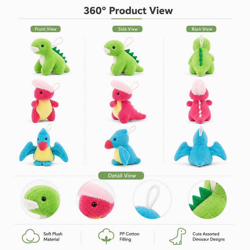Mini dinosaur plush toy collection front side back view