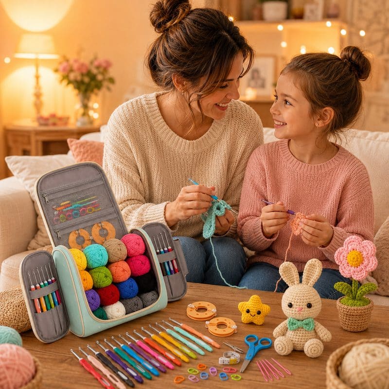 Mint crochet kit with yarn backpack stitching detail