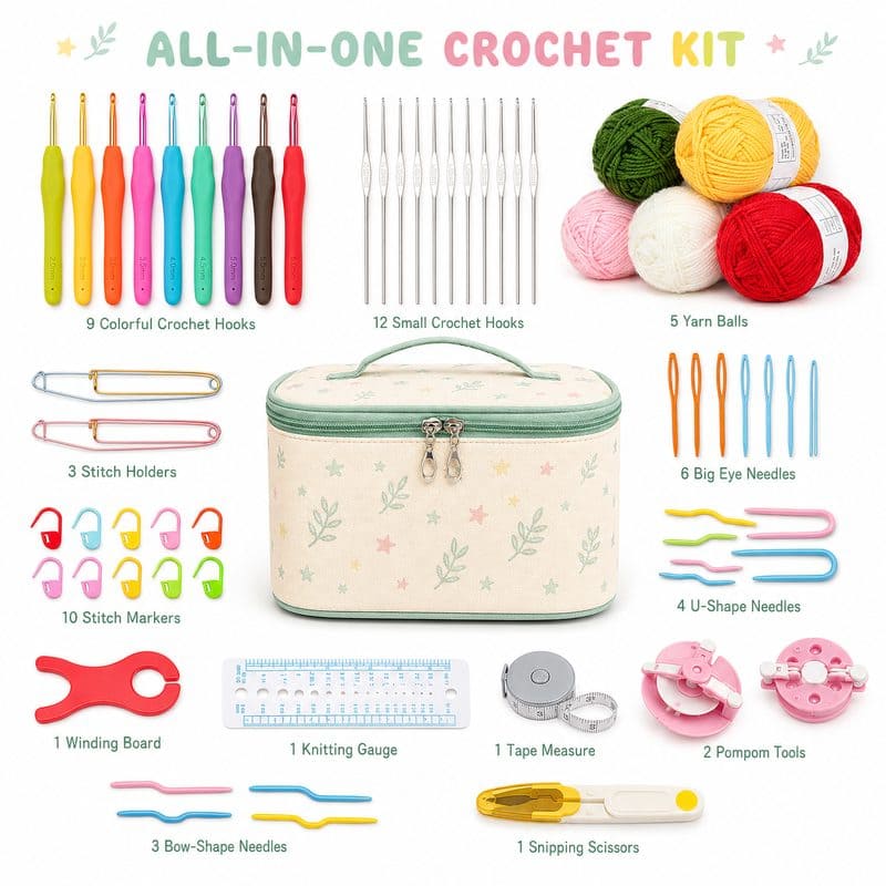 Mint floral crochet kit with storage case front side back view