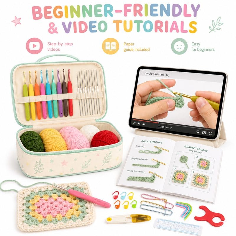 Mint floral crochet kit with storage case size reference