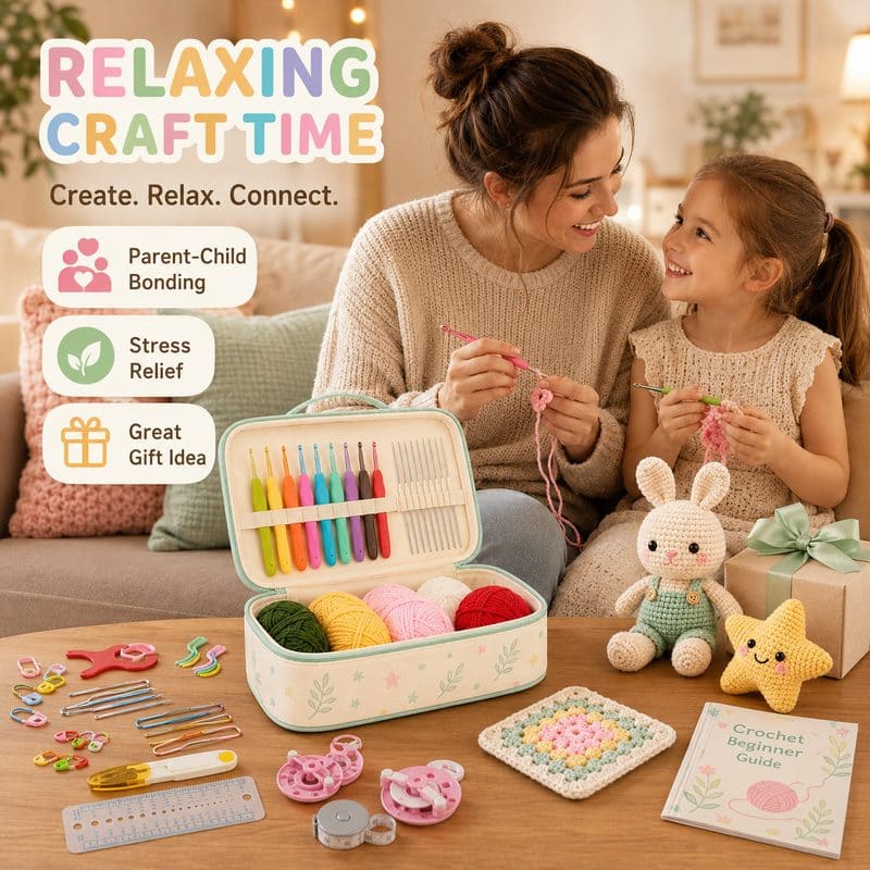 Mint floral crochet kit with storage case stitching detail