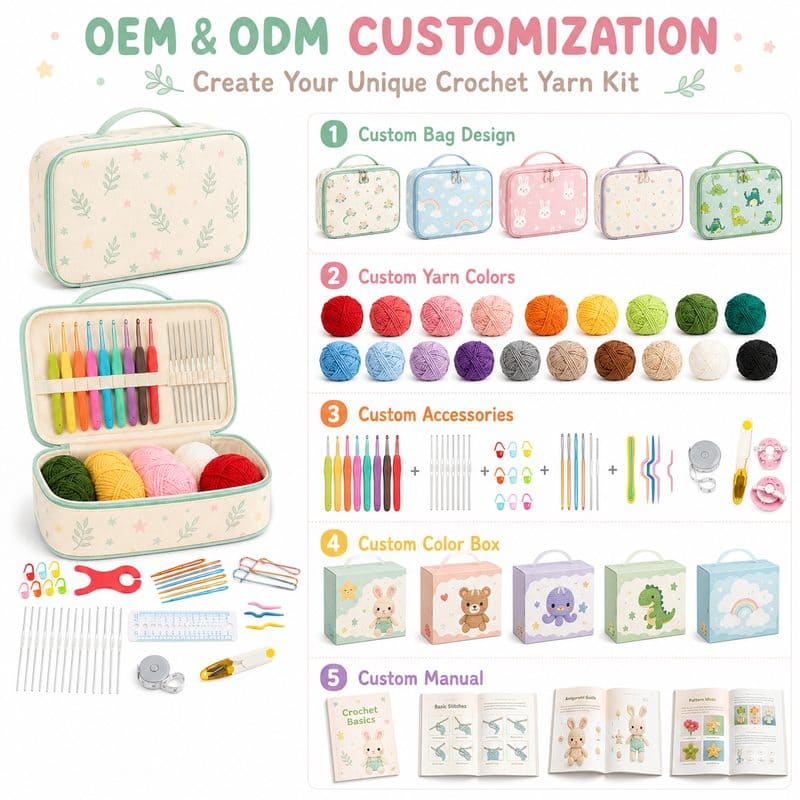 Mint floral crochet kit with storage case embroidered detail