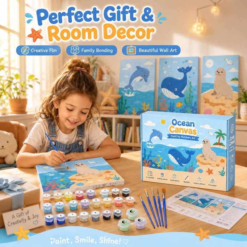 Ocean animal paint by numbers kit for kids stitching detail