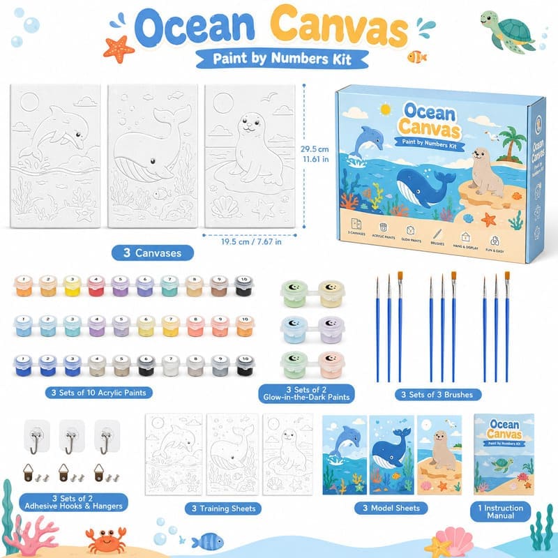 Ocean animal paint by numbers kit for kids front side back view