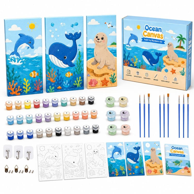 Ocean animal paint by numbers kit for kids front view