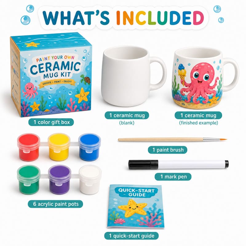 Octopus ceramic mug painting kit front side back view
