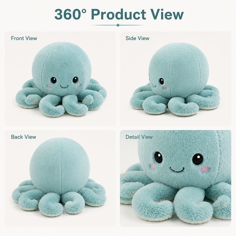 Octopus plush toy front side back view