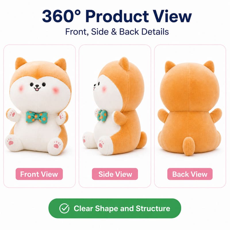 Orange cat plush toy front side back view