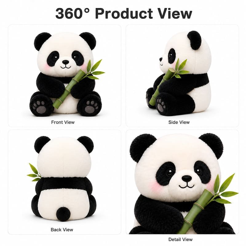 Panda plush toy front side back view
