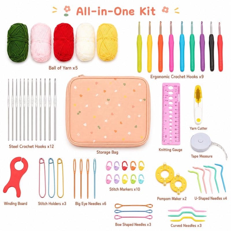 Peach crochet starter kit with storage case front side back view