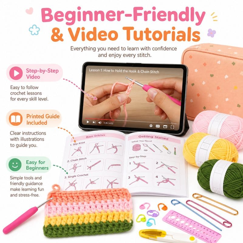 Peach crochet starter kit with storage case size reference