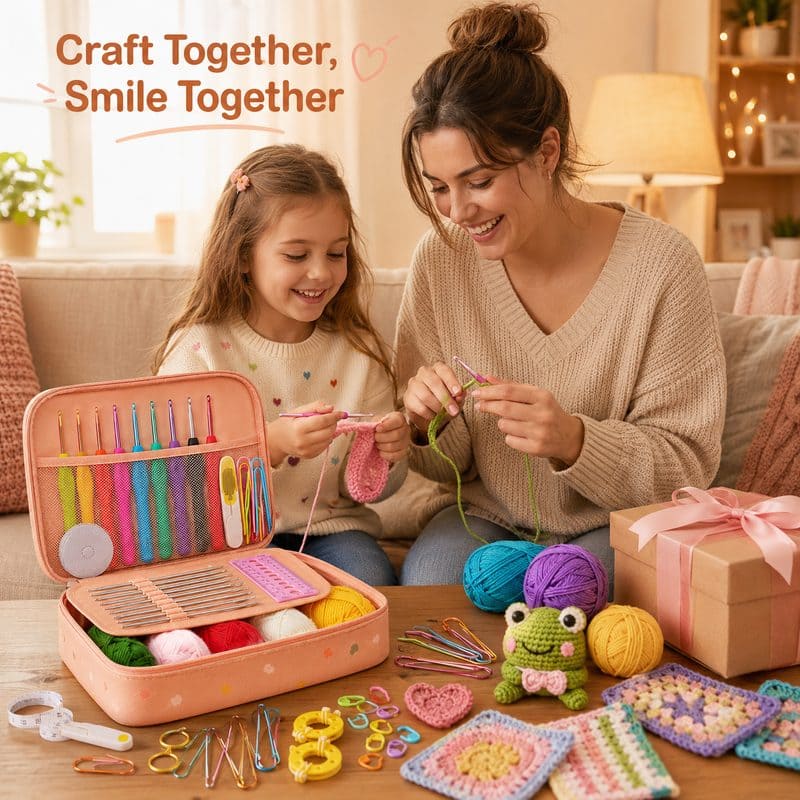Peach crochet starter kit with storage case stitching detail