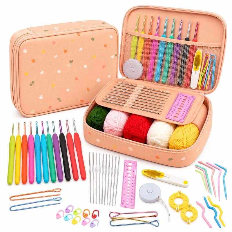 Peach crochet starter kit with storage case front view