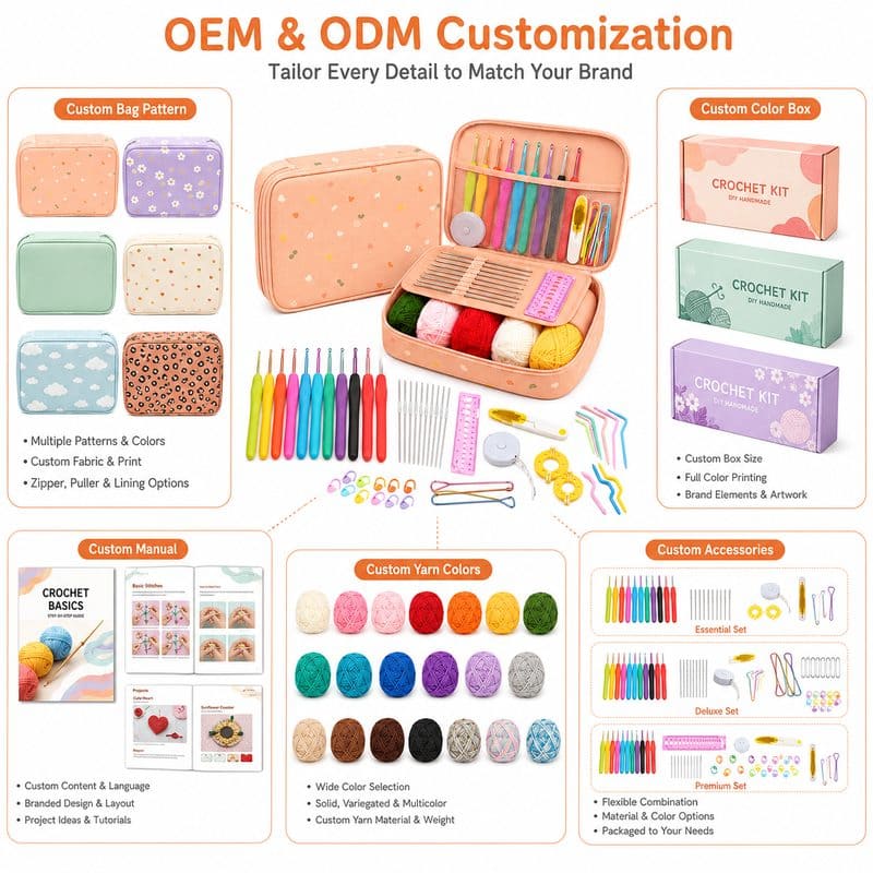 Peach crochet starter kit with storage case embroidered detail