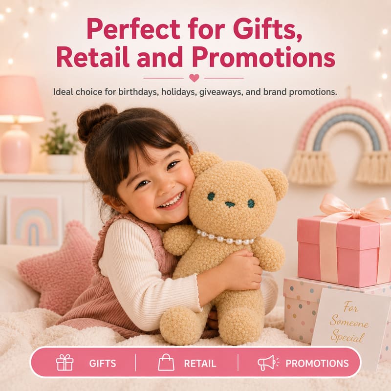 Pearl necklace teddy bear plush toy for custom retail and oem plush collections stitching detail