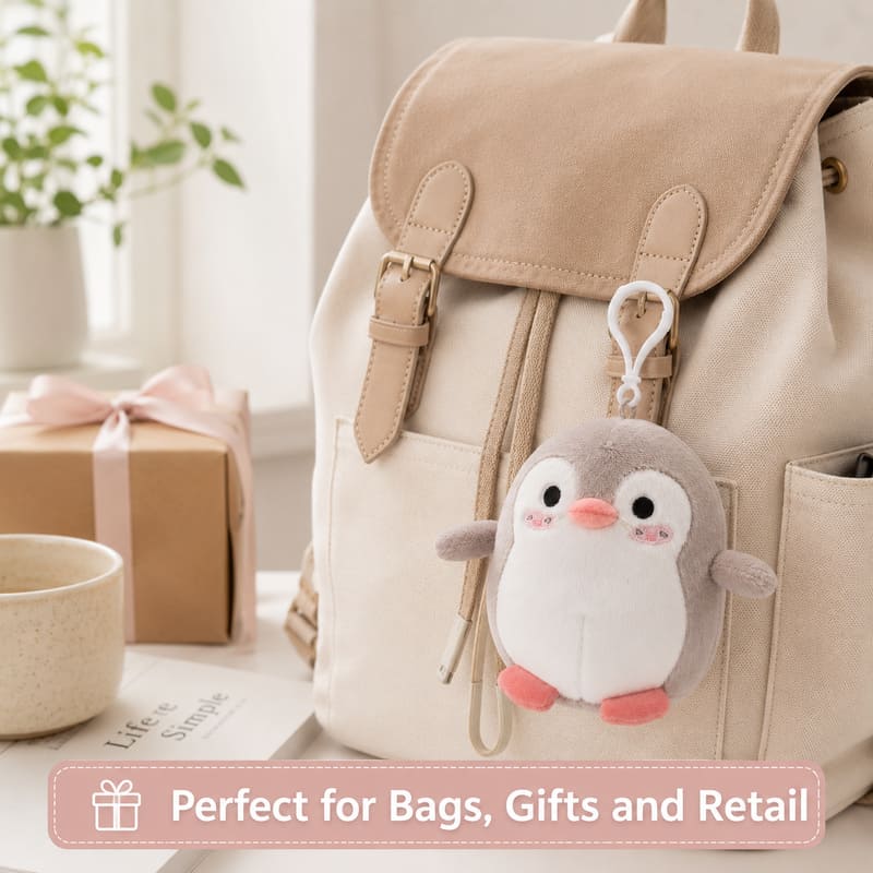 Penguin plush keychain stitching detail