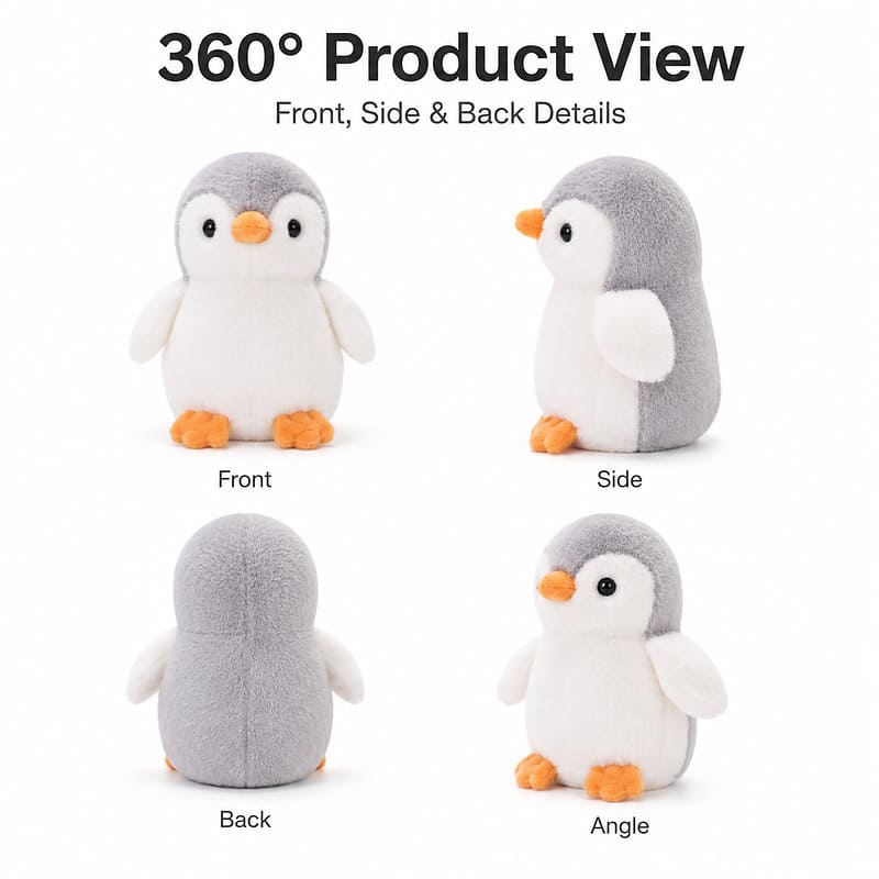 Penguin plush toy front side back view
