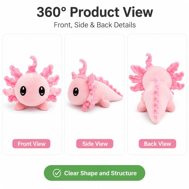 Pink axolotl plush toy front side back view