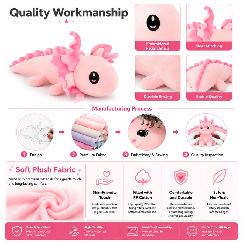 Pink axolotl plush toy embroidered detail