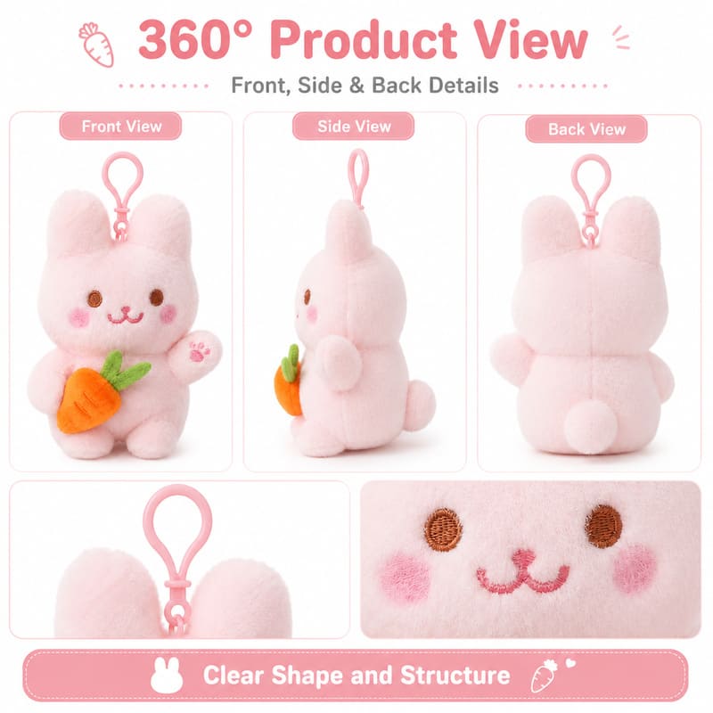 White bunny carrot plush keychain front side back view