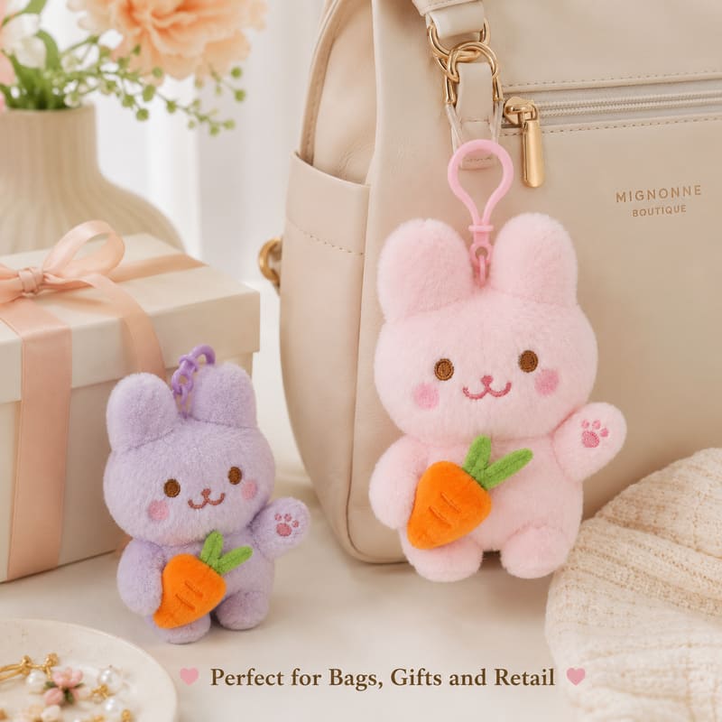 White bunny carrot plush keychain stitching detail