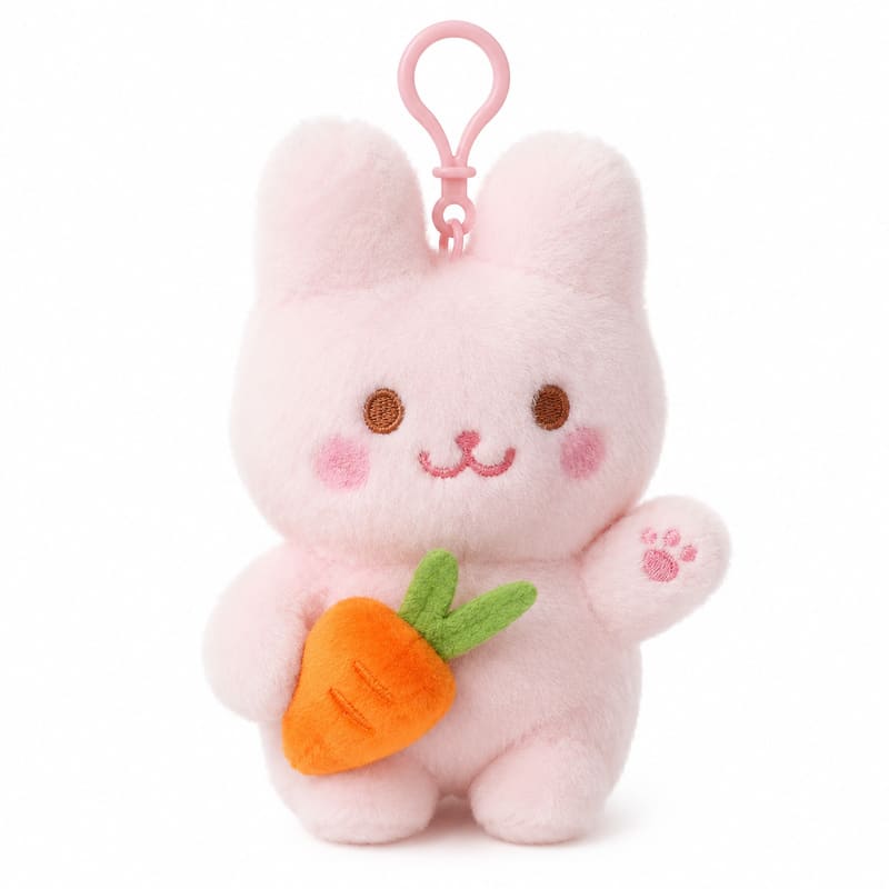 White bunny carrot plush keychain front view