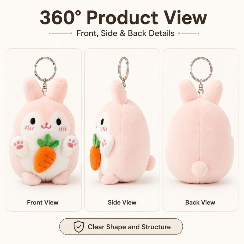Pink bunny carrot plush keychain front side back view