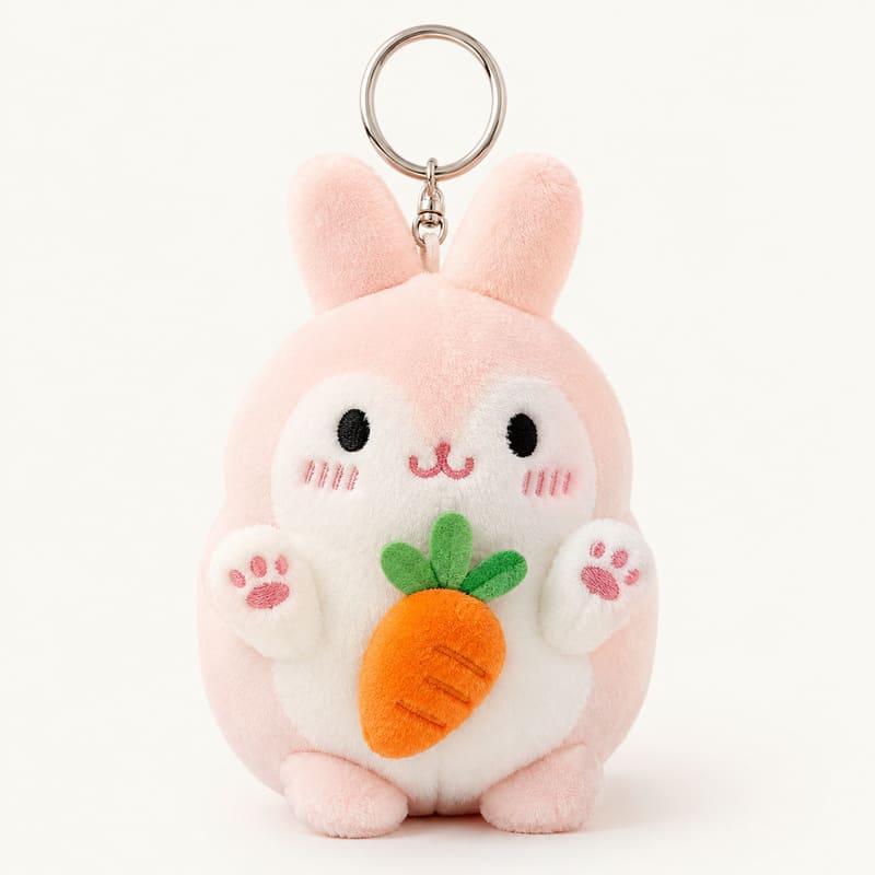 Pink bunny carrot plush keychain front view