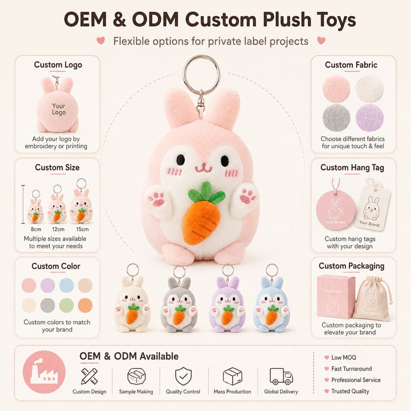 Pink bunny carrot plush keychain embroidered detail