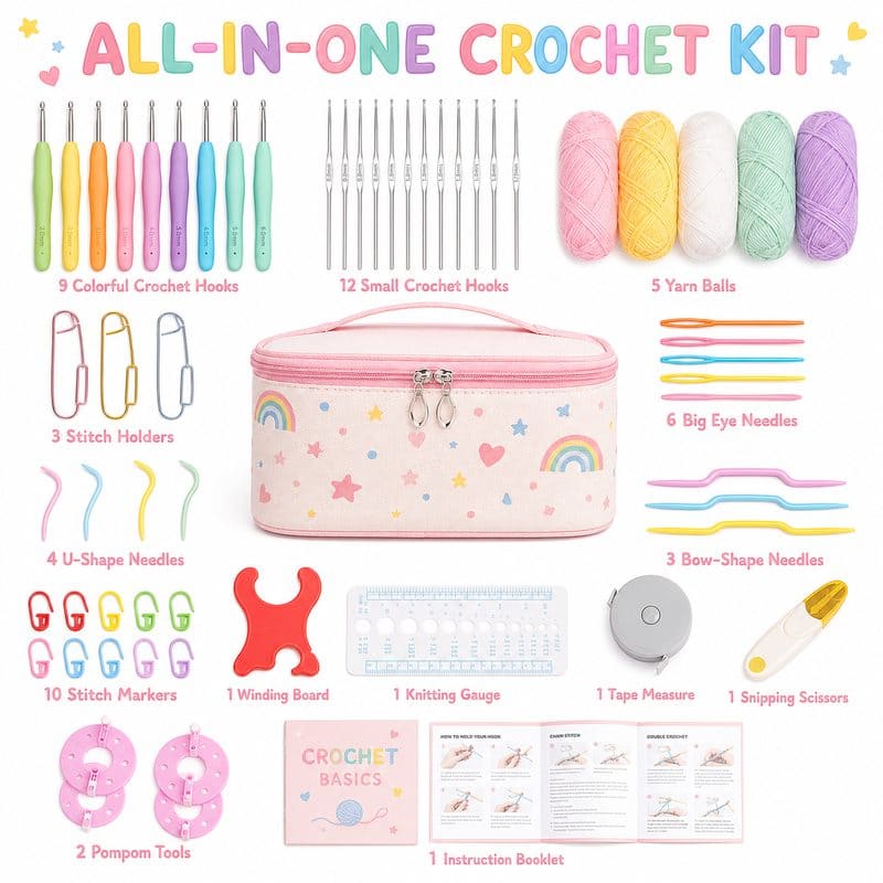 Pink crochet starter kit with storage case front side back view