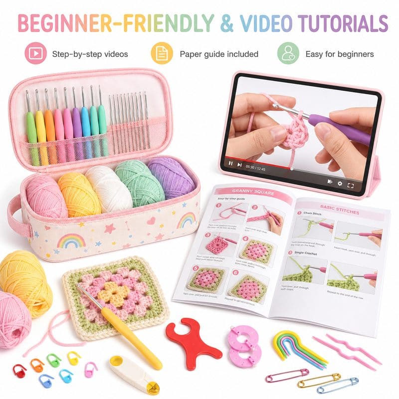 Pink crochet starter kit with storage case size reference