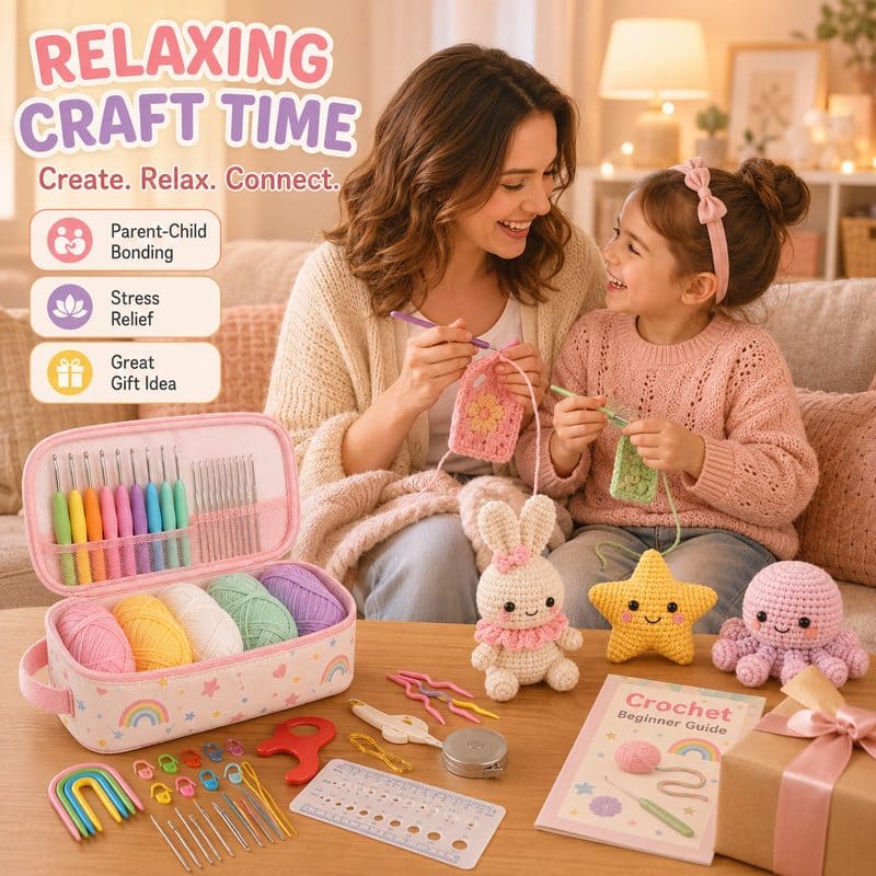 Pink crochet starter kit with storage case stitching detail