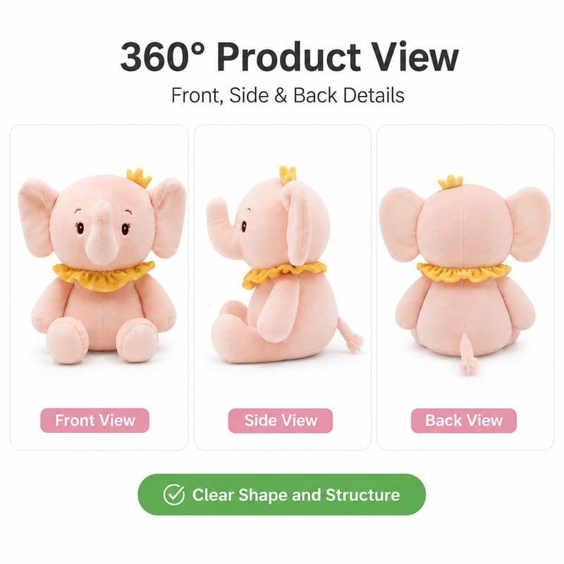 Pink elephant plush toy front side back view