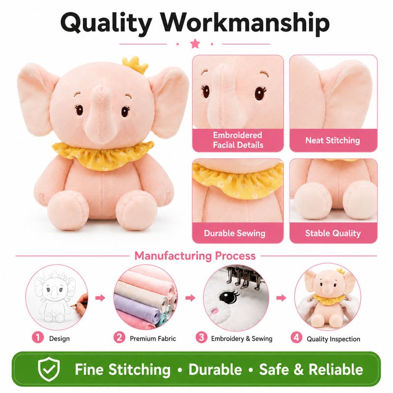 Pink elephant plush toy embroidered detail