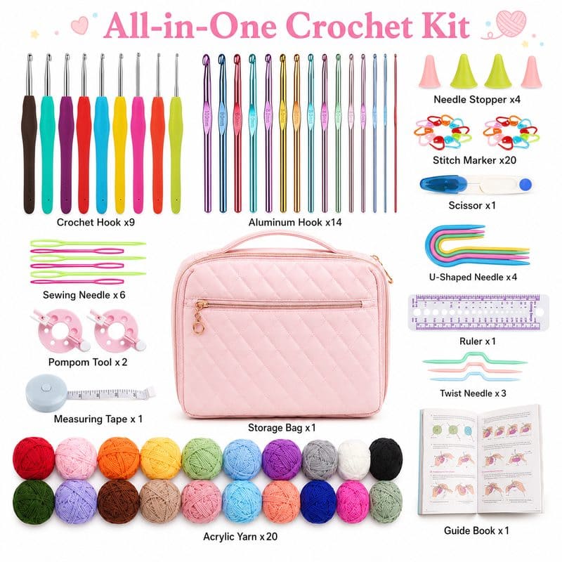 Pink quilted crochet kit for beginners front side back view