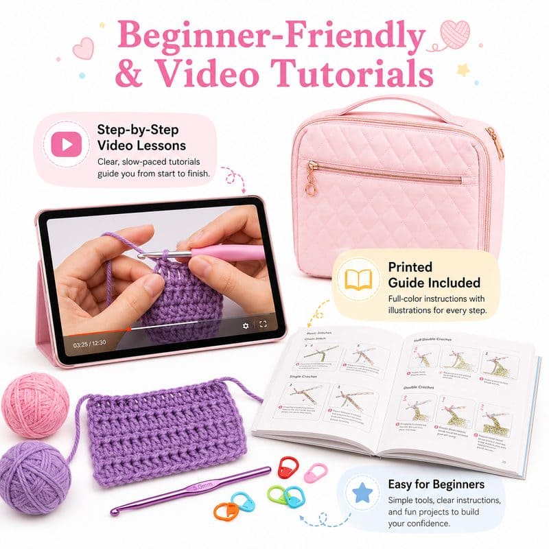 Pink quilted crochet kit for beginners size reference