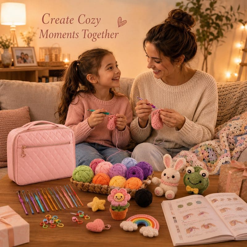 Pink quilted crochet kit for beginners stitching detail